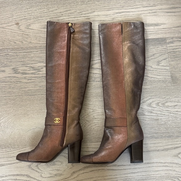 CHANEL Metallic Brown Heeled Boots - Picture 1 of 6
